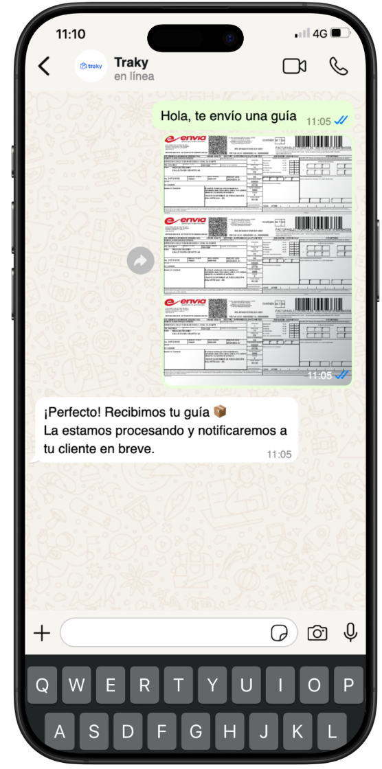 Conversación de WhatsApp mostrando cómo enviar foto de guía a Traky